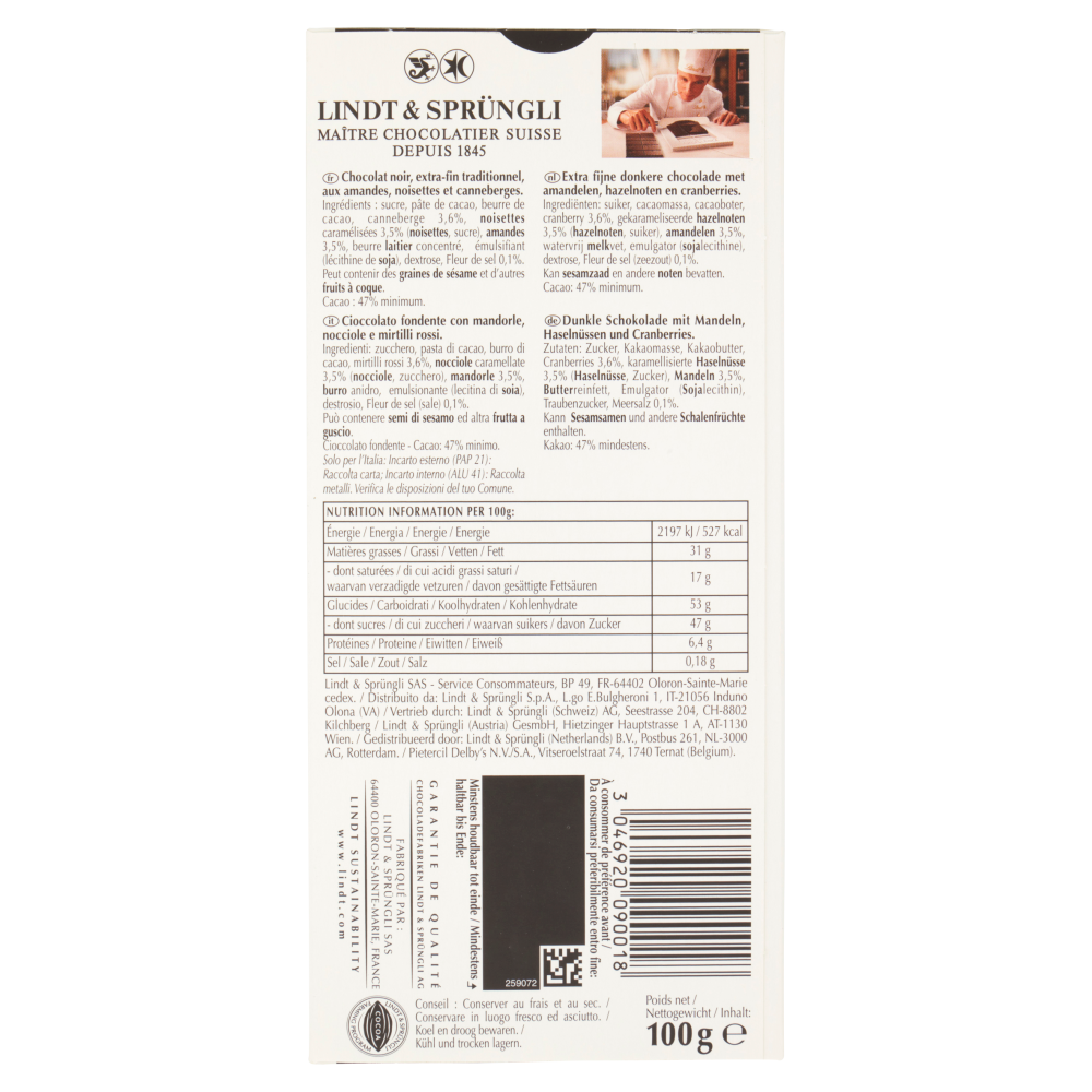 Lindt Excellence Tavoletta Cioccolato Fondente Mandorle e Mirtilli rossi 100 g