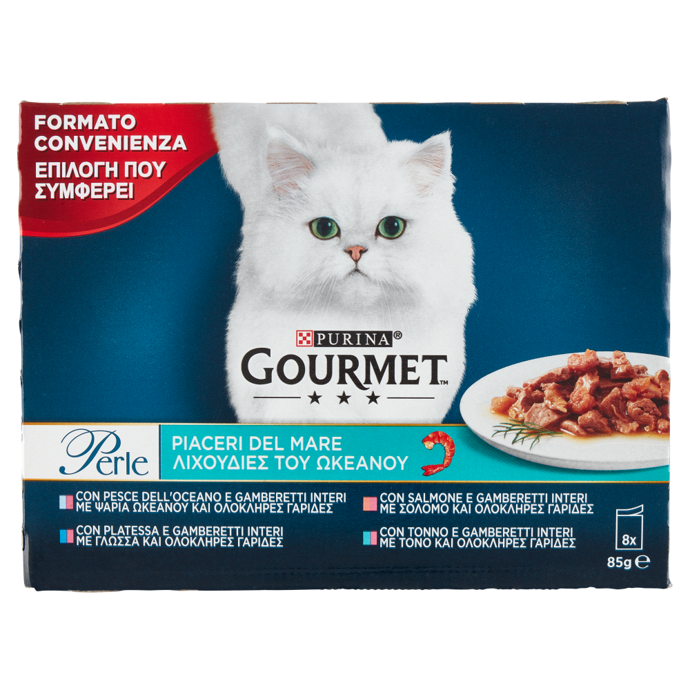 PURINA GOURMET Perle Piaceri del Mare Pesce dell'Oceano / Platessa / Salmone / Tonno 8 x 85 g