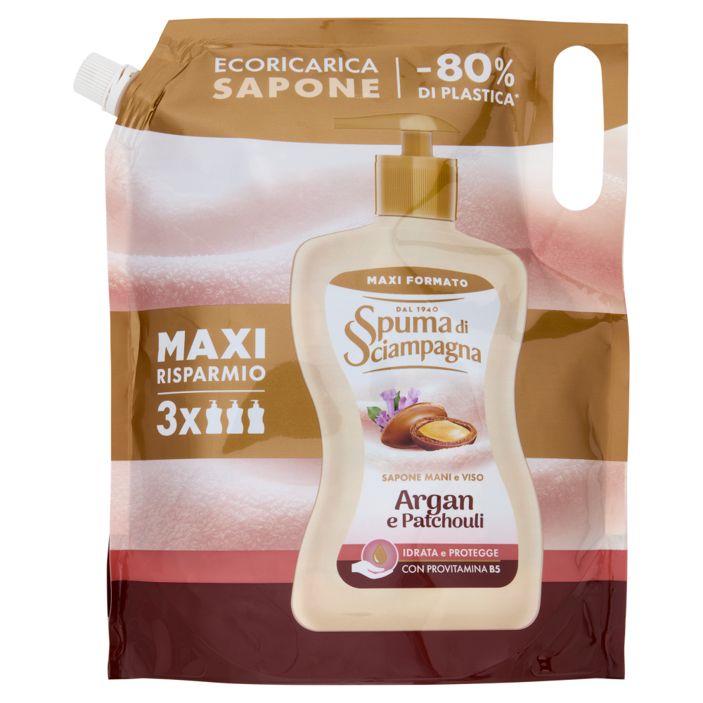 Spuma di Sciampagna Sapone Mani e Viso Argan e Patchouli Ecoricarica 1300 ml