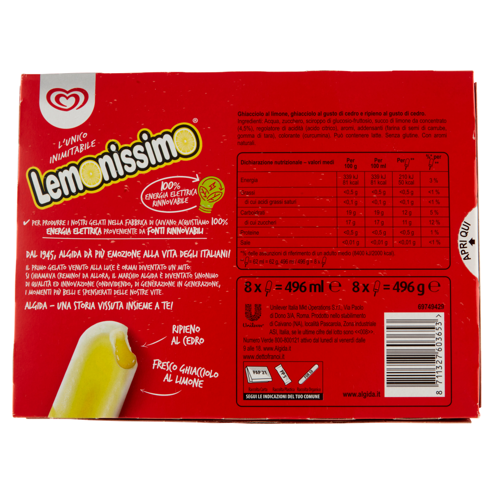 Algida l'Unico Inimitabile Lemonissimo 8 x 62 g