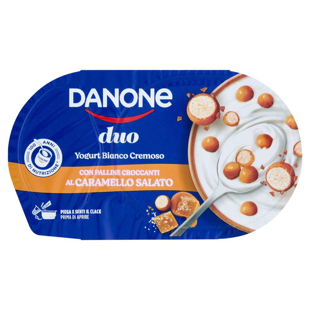 DANONE Duo, Yogurt Bianco Cremoso con Prelibate Sfere al Caramello Salato, 98g
