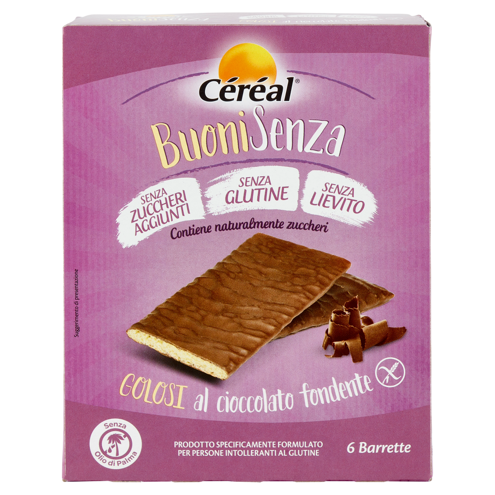 Céréal, Crackers BuoniSenza Golosi al cioccolato fondente, senza glutine, senza lievito - 6 x 17 g