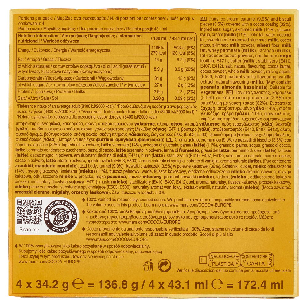 Twix Barretta Gelato con biscotto ricoperto di cioccolato al latte, Multipack da 4 x 34.2 g