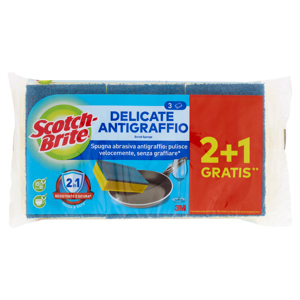 Scotch-Brite&reg; Spugna abrasiva delicata antigraffio, 2 pezzi per confezione + 1 gratis**