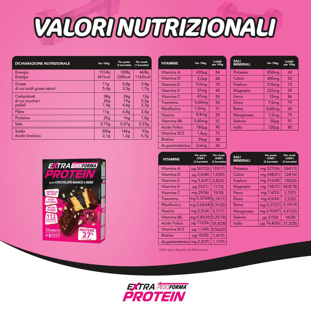 Pesoforma Extra Protein Barrette Cioccolato Bianco e Nero, Pasto Sostitutivo, 27% dell'energia in Proteine, 224 kcal a pasto, 112 calorie per barretta, 12x31g