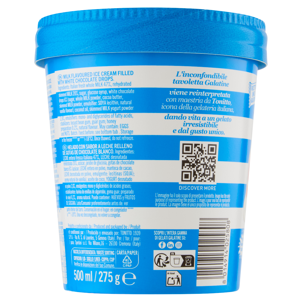 Galatine Gelato con Tanto Latte e Gocce di Cioccolato Bianco 500 ml