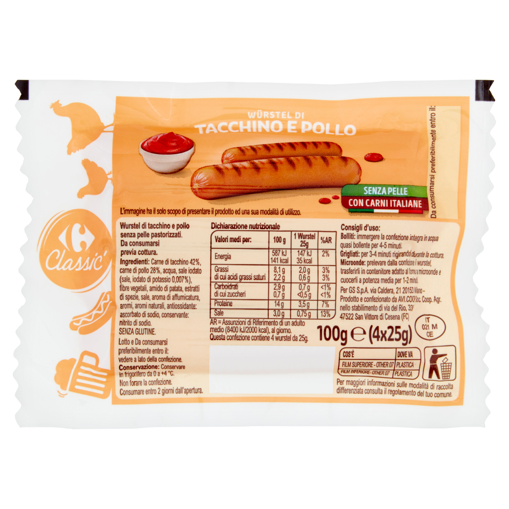 Carrefour Classic W&uuml;rstel di Tacchino e Pollo 4 x 25 g