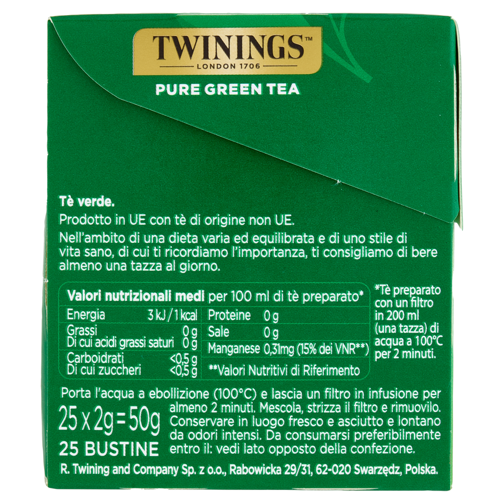Twinings Pure Green Tea Tè Verde Antiossidante 25 filtri The 50 g
