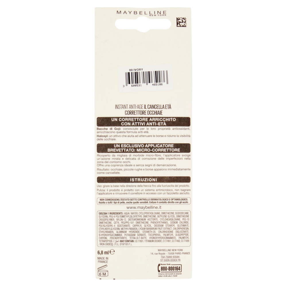 Maybelline New York Correttore Liquido Il Cancella Età, Copre Occhiaie e Piccole Rughe, 00 Ivory