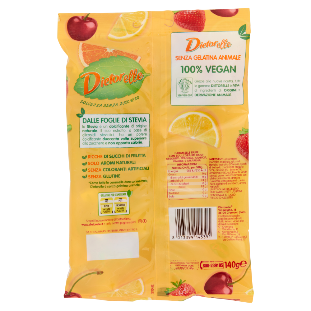 Dietorelle con estratto di Stevia Dure Limone, Arancia, Amarena e Fragola 140 g