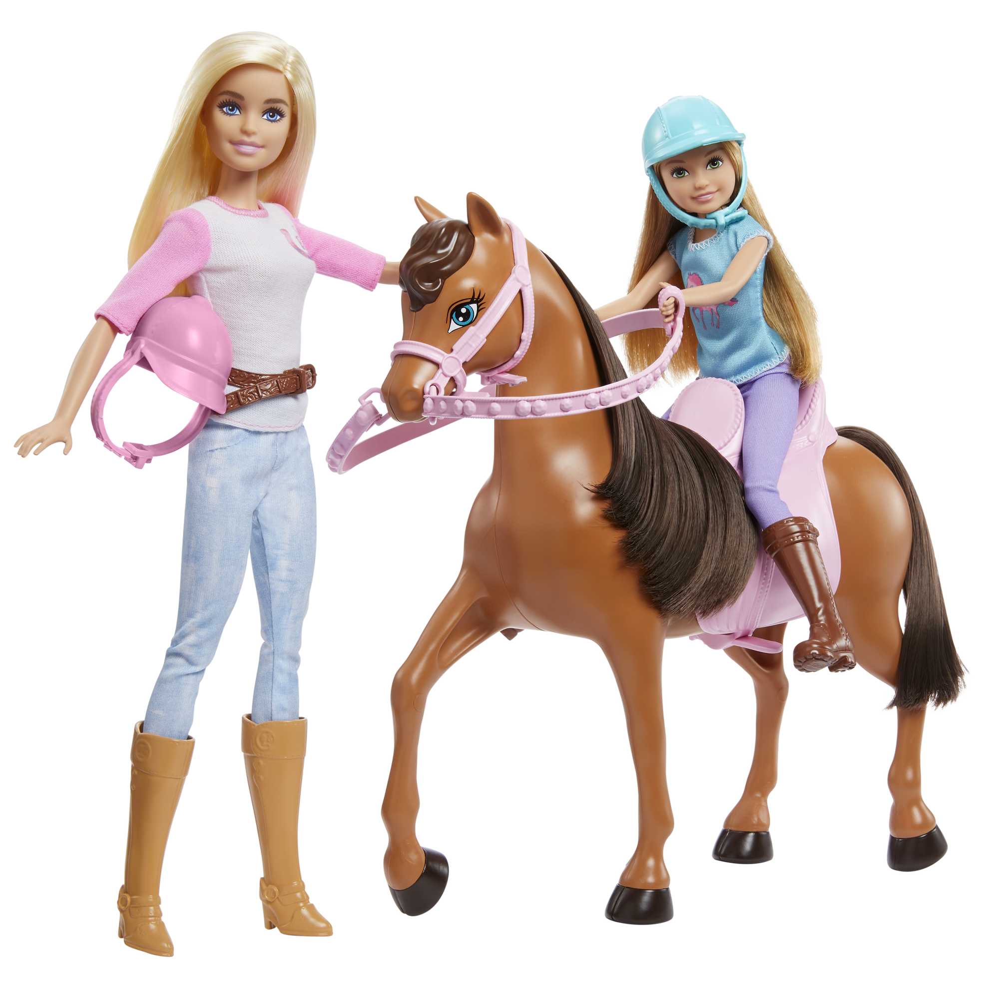 Barbie e Stacie Sorelle a Cavallo playset con cavallo e sella da 2, Con completi da equitazione, Giocattolo e regalo per bambini 3+ Anni