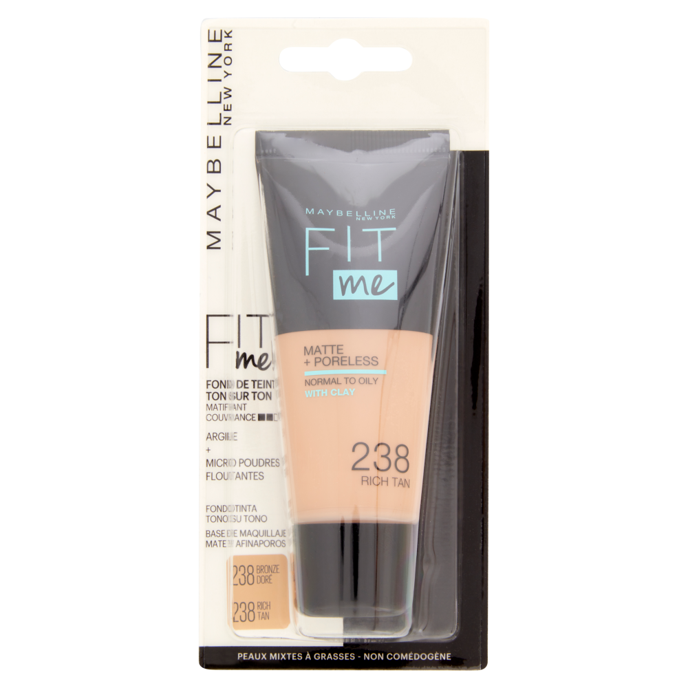 Maybelline New York Fondotinta Coprente Opacizzante Fit Me Matte & Poreless, 238 Rich Tan