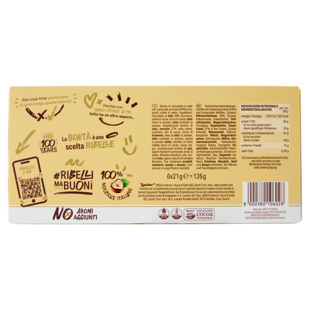 Loacker Tortina Original Wafer ricoperto di Cioccolato al Latte con crema di Nocciole Italiane 21gx6