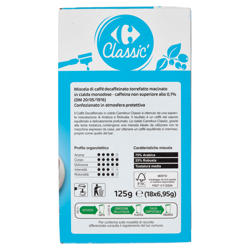 Carrefour Classic Caffè Espresso Decaffeinato in Cialde Cremoso 18 x 6,95 g