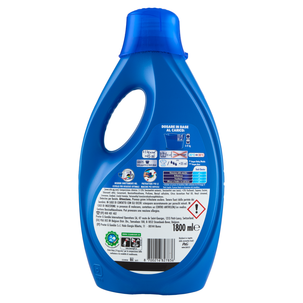 Dash Detersivo Liquido Lavatrice, Classico, 40 Lavaggi 1800 ml