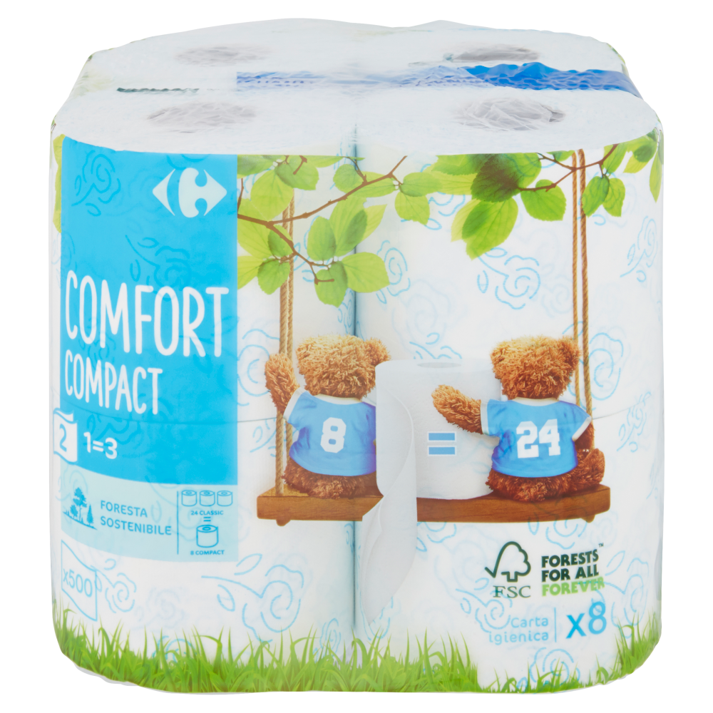 Carrefour Comfort Compact Carta igienica 2 veli 500 strappi 8 pz