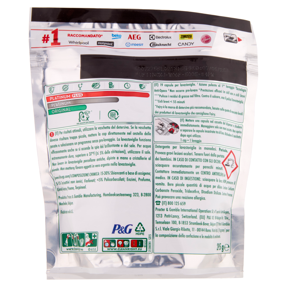 Fairy Pastiglie Lavastoviglie Platinum Plus All in One, Detersivo Piatti Limone, 19 Capsule 295 g