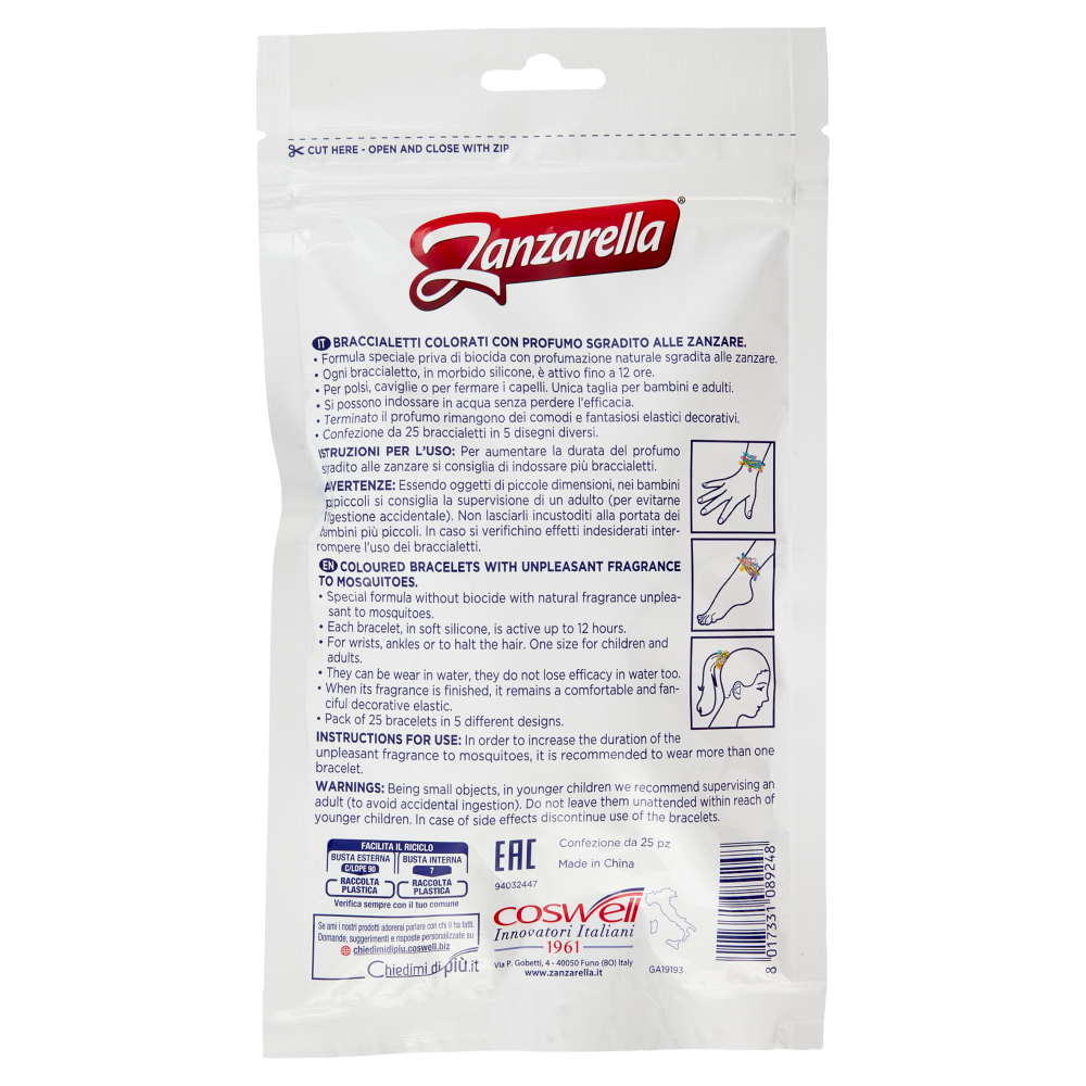 Zanzarella Braccialetti Colorati con Profumo Sgradito alle Zanzare Family 25 pz