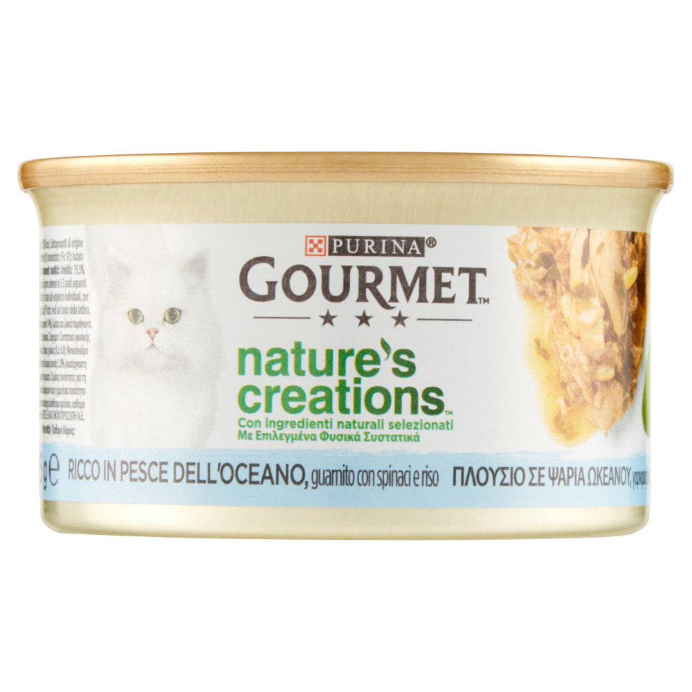 PURINA GOURMET Nature's Creations Ricco in Pesce dell'oceano guarnito con spinaci e riso 85g