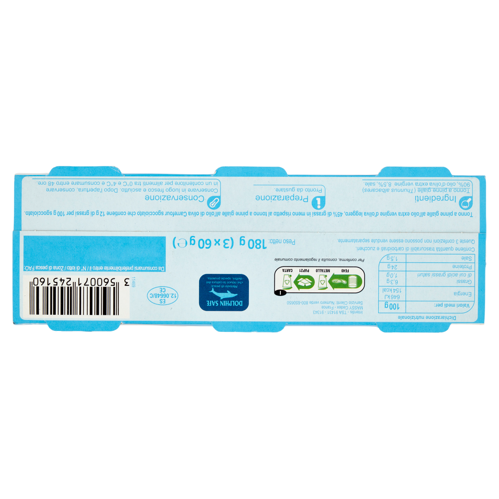 Carrefour Classic Tonno a Pinne Gialle Leggero all'Olio d'Oliva Extra Vergine 3 x 60 g