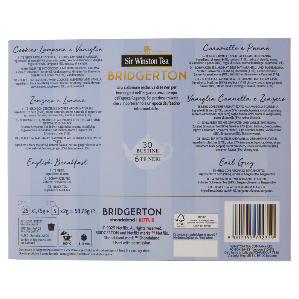 Sir Winston Tea Bridgerton Supreme English Tea Collection 6 T&egrave; Neri 25 x 1,75 g + 5 x 2 g