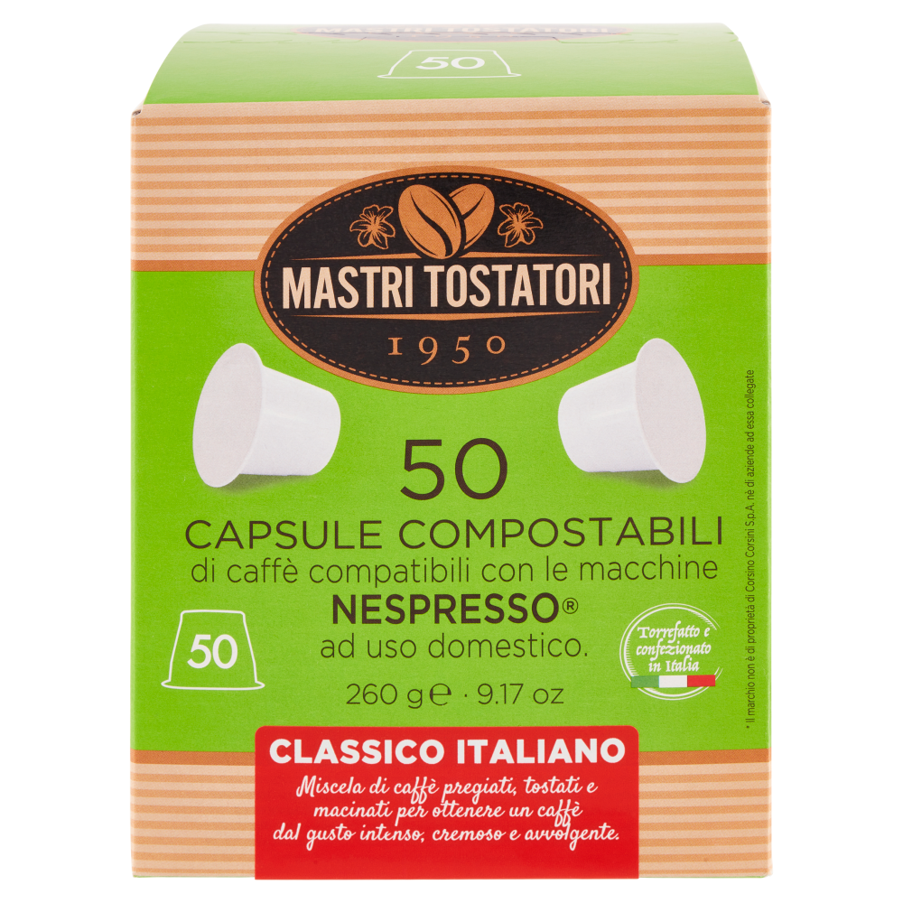 Mastri Tostatori 50 Capsule Compostabili Compatibili Nespresso Classico Italiano 260 g