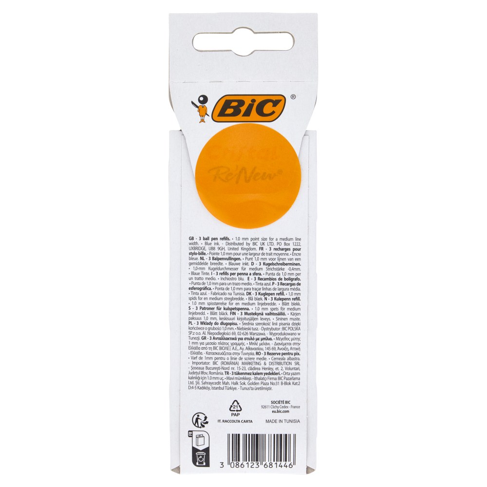 Bic Cristal Re'New Ricariche per Penne a Sfera Blu, 3 pezzi