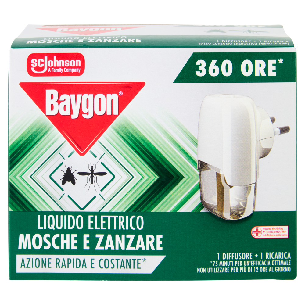 Baygon Liquido Elettrico Mosche & Zanzare Base, 360 ore, Azione Rapida e Costante, 1Base + 1Ricarica