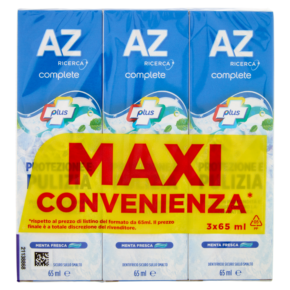 AZ Ricerca Dentifricio Complete Plus Protezione e Pulizia Menta Fresca 3 x 65 ml