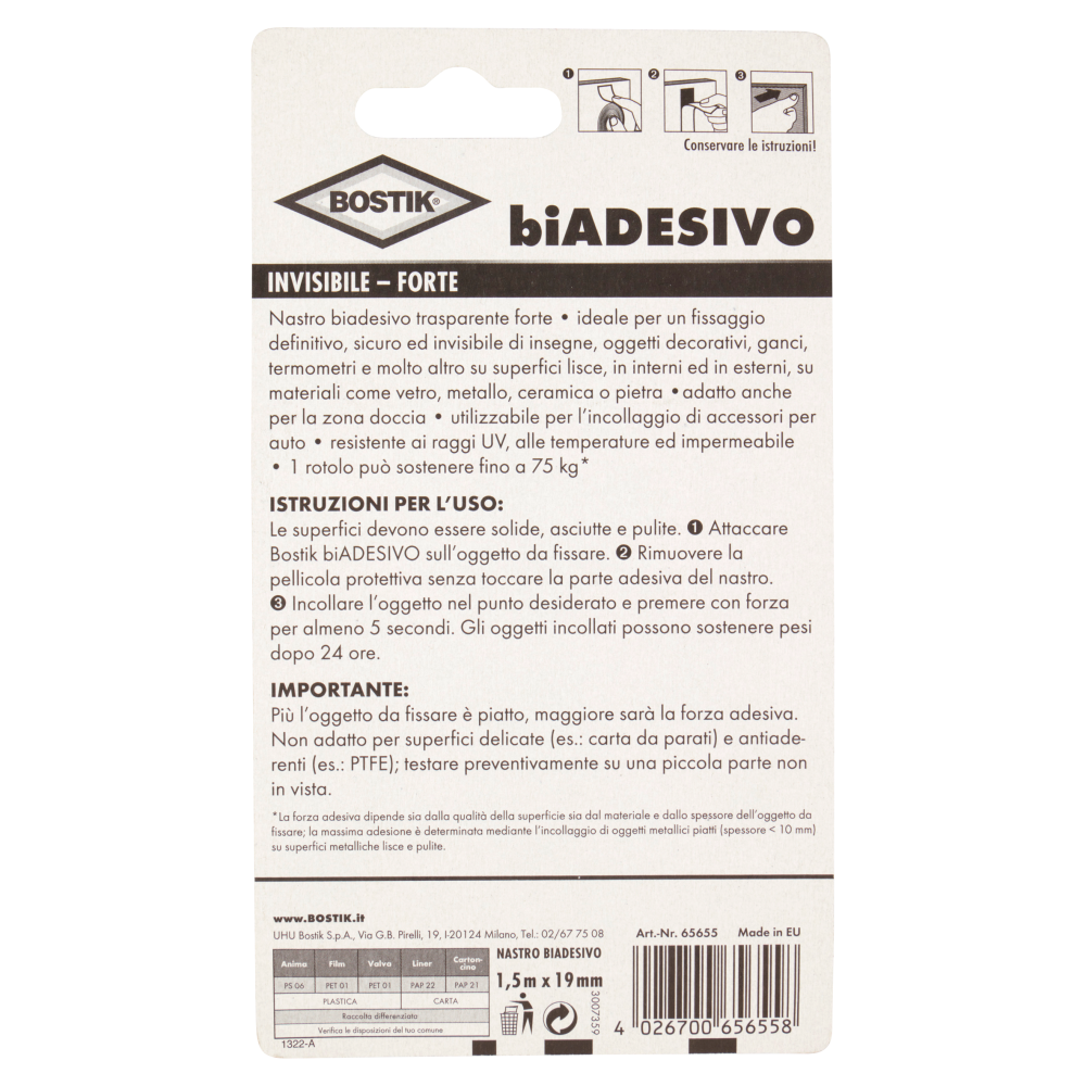 Bostik biAdesivo Invisibile - Forte 1,5 m x 19 mm