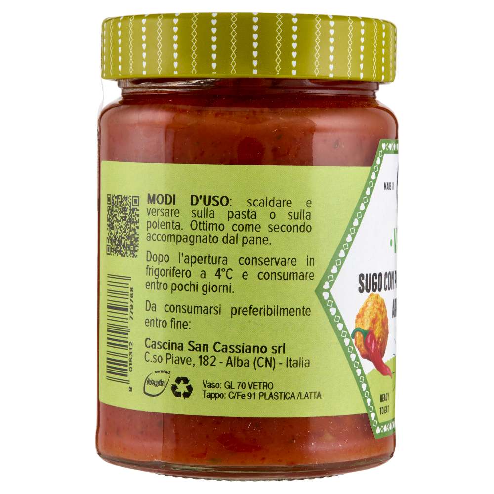 cascina San Cassiano Vegan Sugo con Polpette Vegetali Arrabbiata 290 g