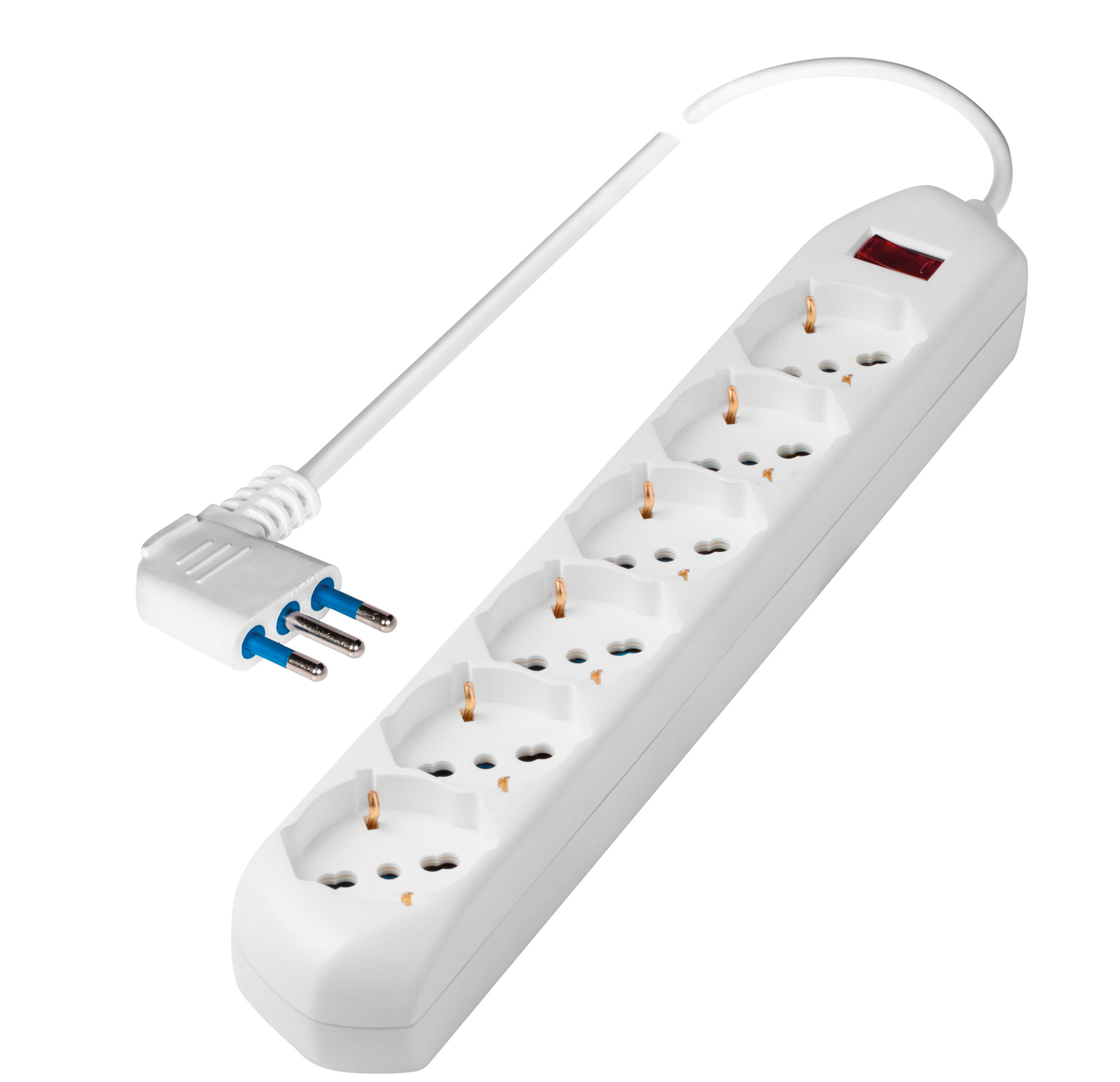 Poly Pool Presa sestupla pluristandard: italiano bivalente 10/16A 2P+T, tedesco 16A 2P+T(terra laterale), con interruttore di sicurezza, 1,5m cavo H05VV-F 3X0,75mmq con spina Salvaspazio 10A 2P+T, uscita cavo 90°, CE