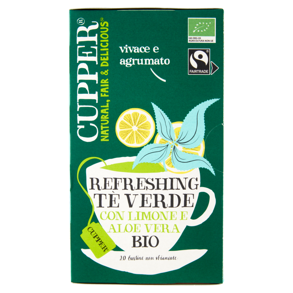 CUPPER T&egrave; Verde al Limone Aloe Vera Bio Fairtrade, T&egrave; con Gusto Vivace e Agrumato, 20 Bustine 37 g