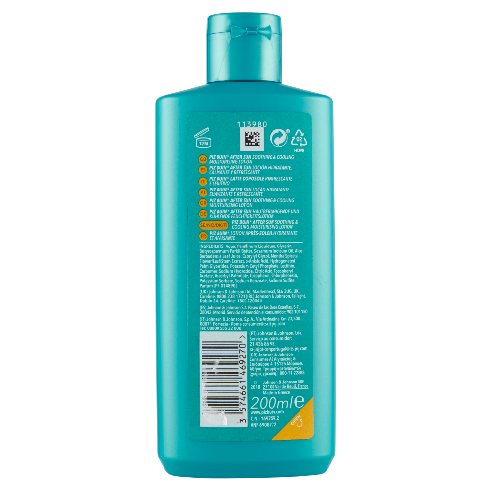 Piz Buin Latte Doposole Idratante Lenitivo E Rinfrescante,Con Aloe Vera, Assorbimento Rapido, 200ml