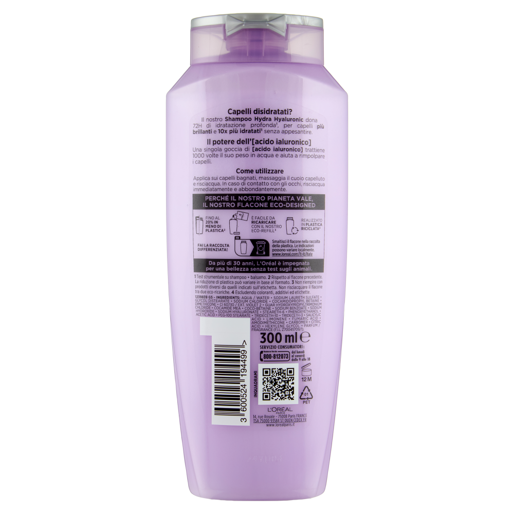 Elvive Hydra Hyaluronic Shampoo 72H Idratazione Profonda, per Capelli Disidratati, 300 ml
