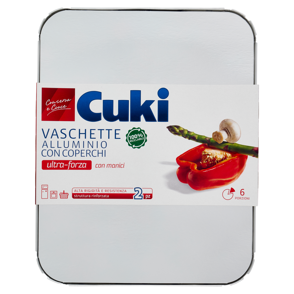 Cuki Conserva e Cuoce Vaschette Alluminio con Coperchi ultra-forza con manici 6 Porzioni 2 pz