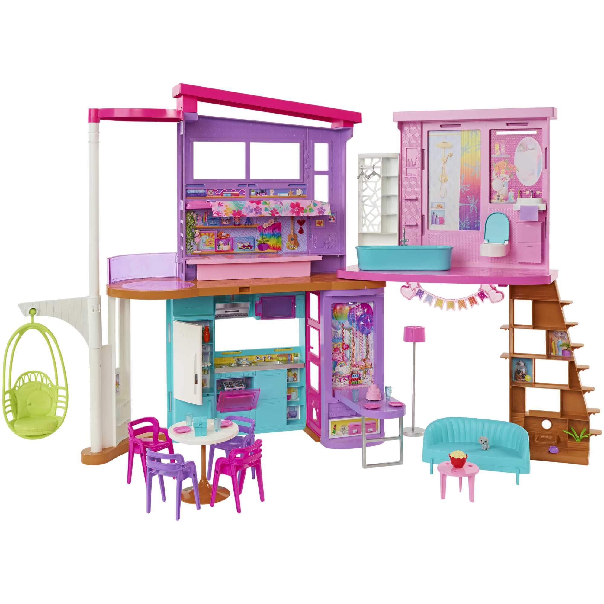 Barbie Casa di Malibu (106 cm) playset casa delle bambole con 2 piani, 6 stanze, ascensore altalena e pi&ugrave; di 30 pezzi, Giocattolo per Bambini 3+ Anni