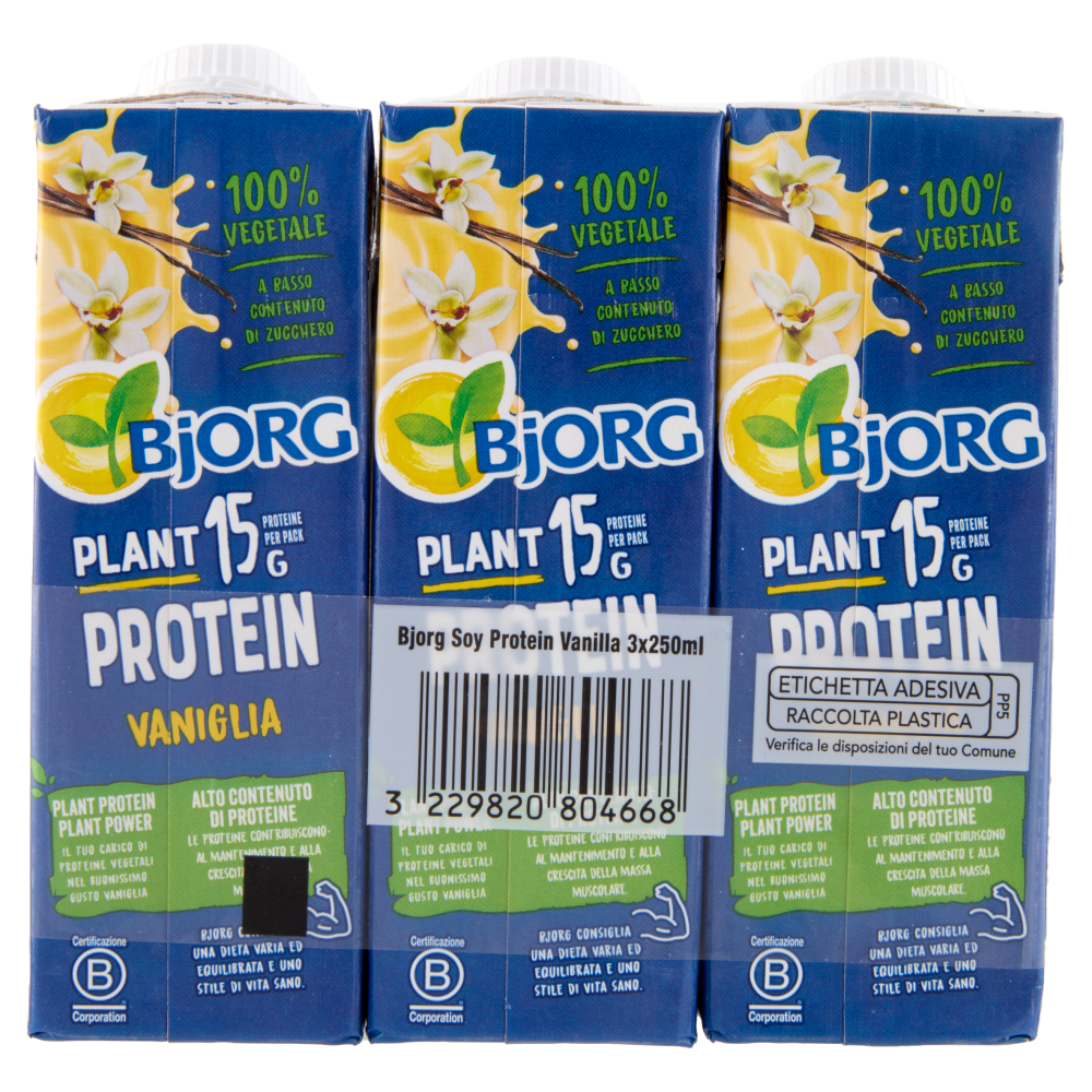 BJORG Soia Vaniglia Plant Protein 15g Proteine Bevanda Vegetale Biologica,Prodotto in Italia 3x250ml