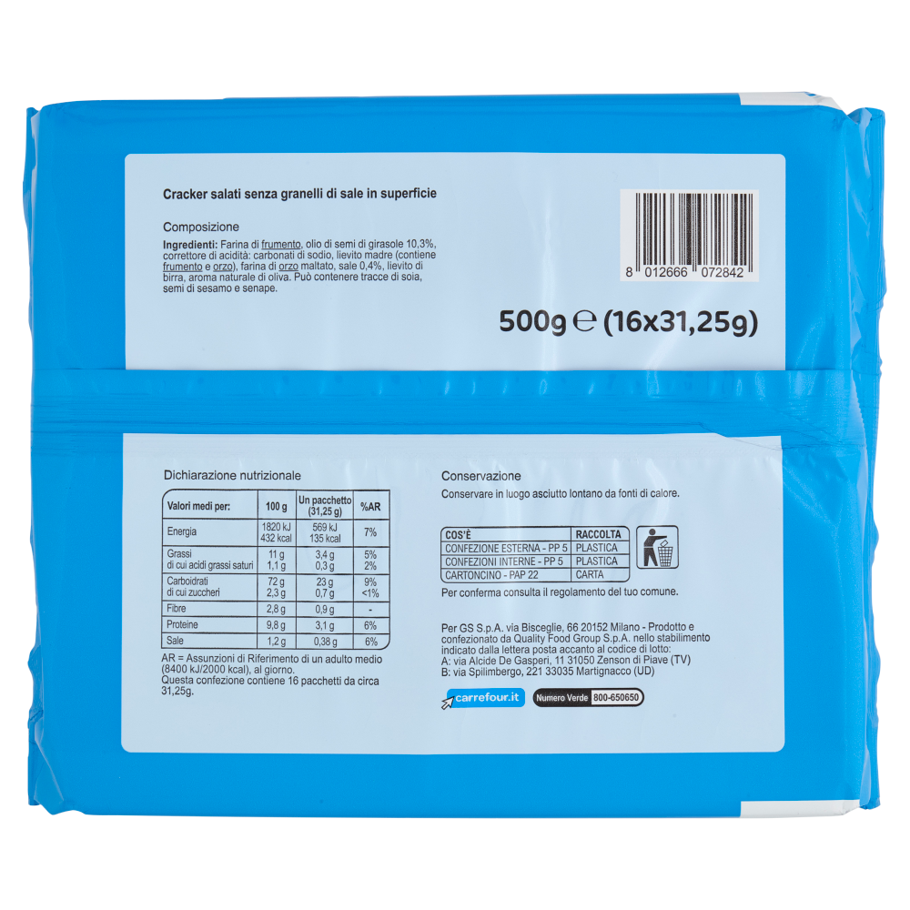 Carrefour Classic Cracker Salati Senza Granelli di Sale in Superficie 16 x 31,25 g
