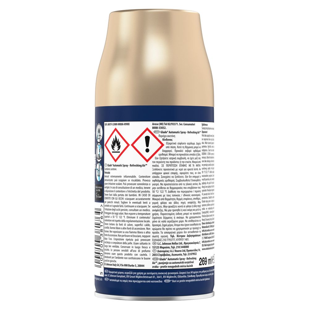 Glade Automatic Spray Ricarica, Profumatore per Ambienti, Fragranza Refreshing Air™, Combatte gli odori degli animali domestici, 269 ml