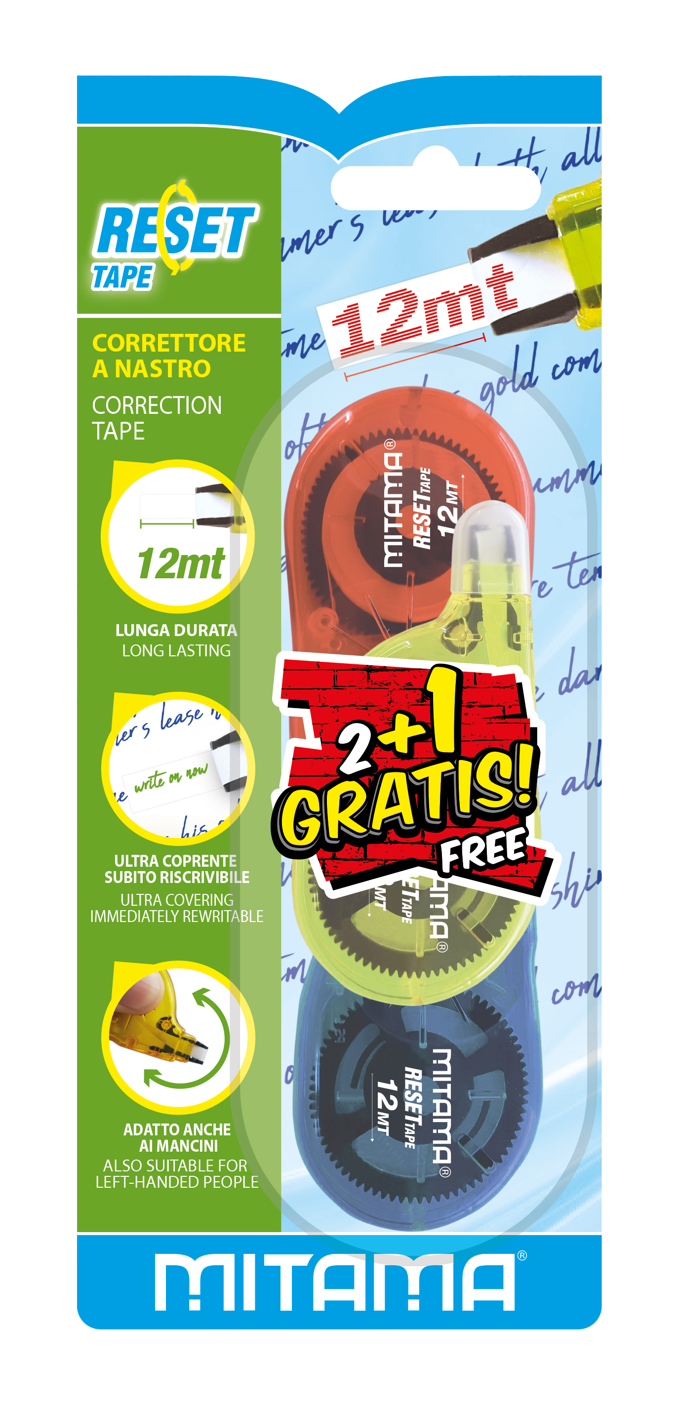 Mitama Correttore a Nastro Reset pz. 2+1 omaggio nastro di correzione 12 m Multicolore 3 pz