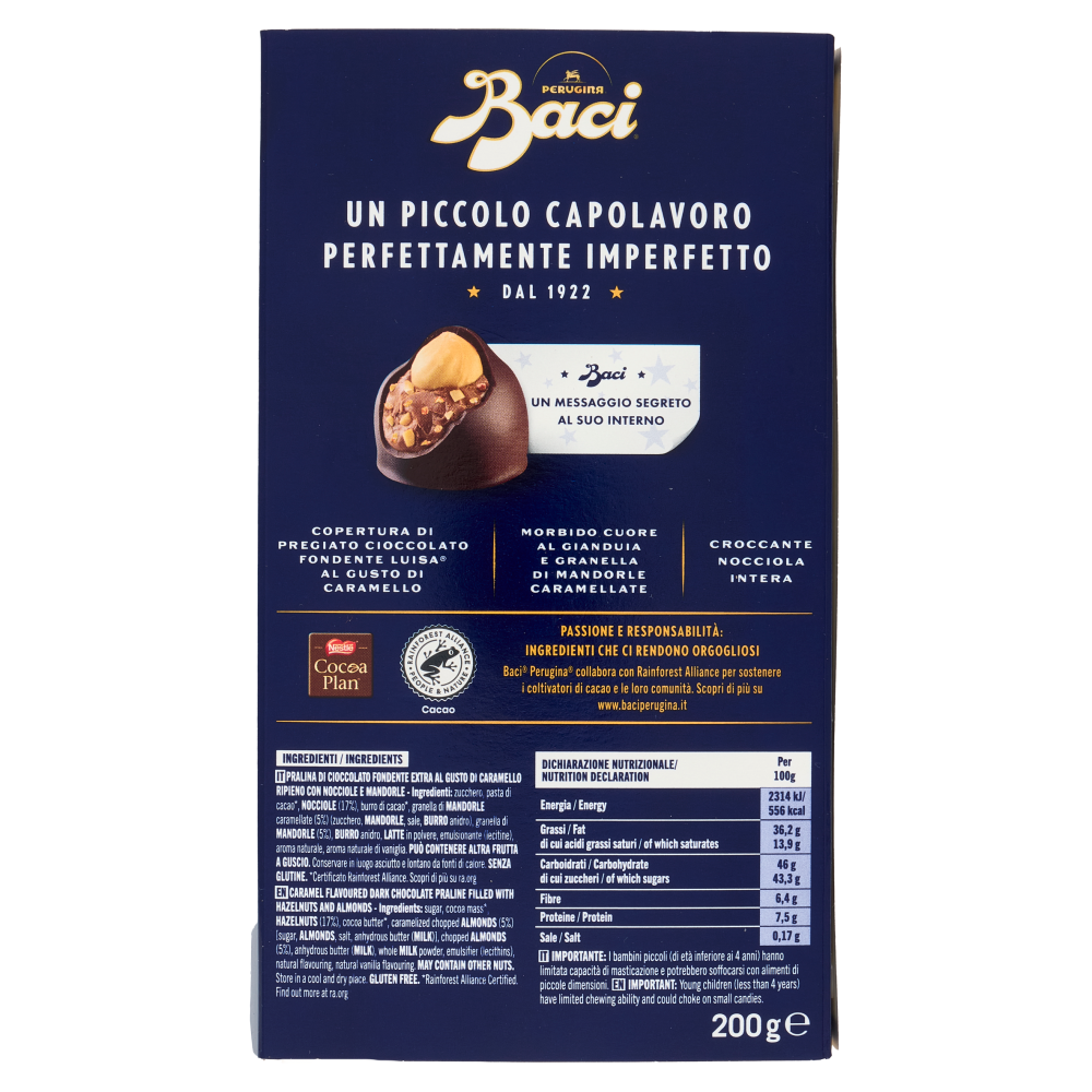 BACI PERUGINA Caramellato alle Mandorle Cioccolatini Fondenti ripieni al Gianduia Scatola 200g