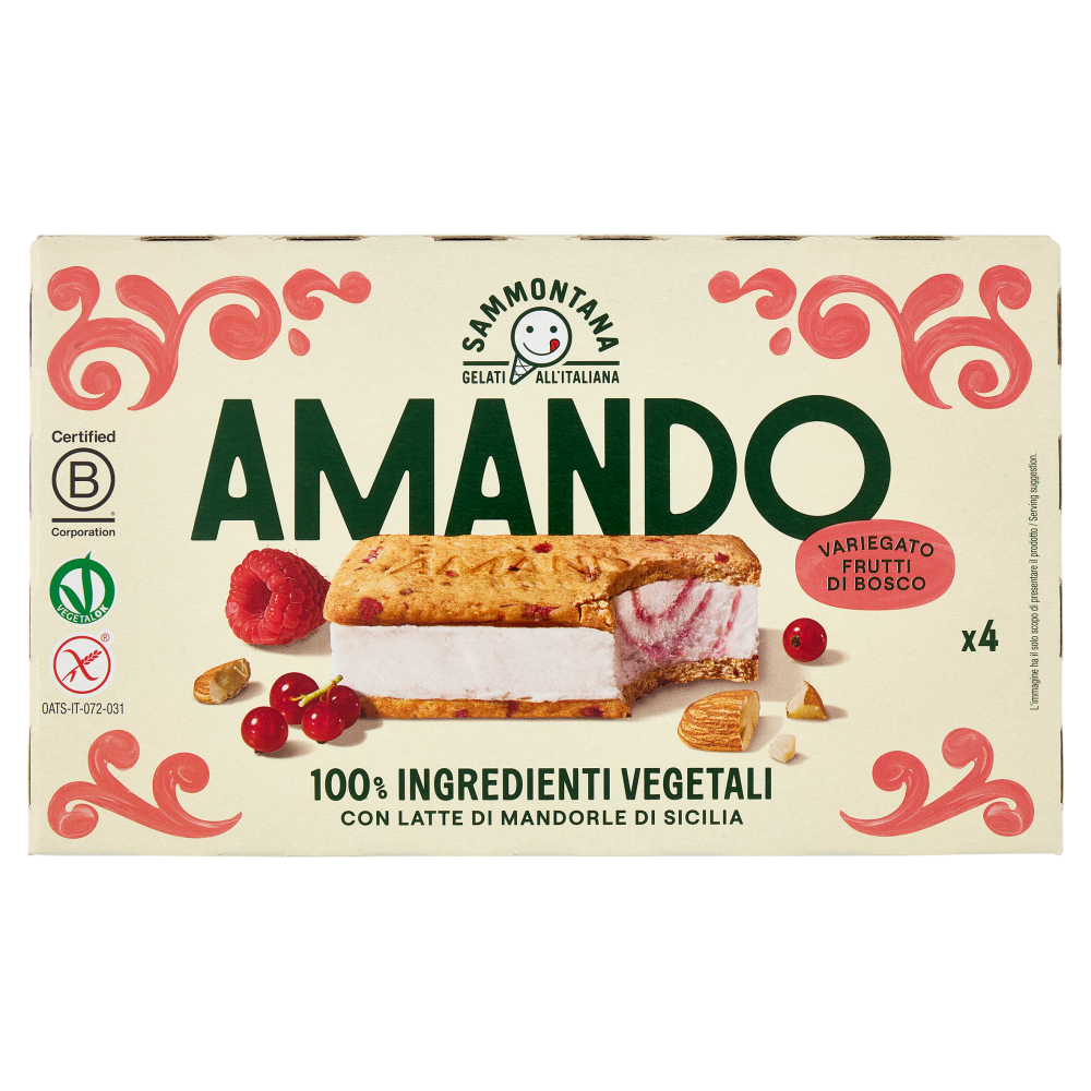 Sammontana Amando 4 Biscotti Gelato alla Vaniglia, Variegato ai Frutti di Bosco 4 x 52 g