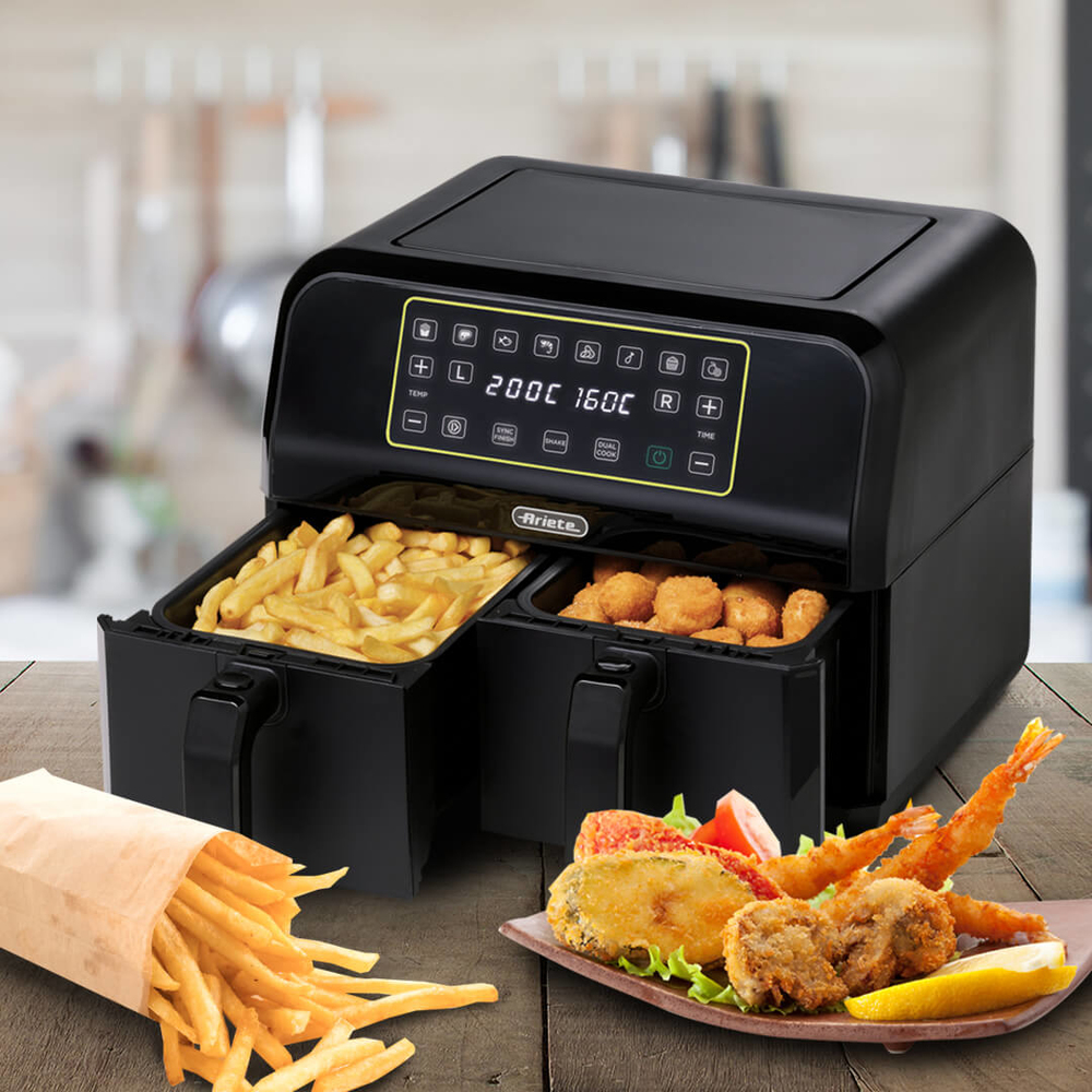 Ariete 4623 Airy Fryer Dual, Friggitrice ad aria con doppio cestello, 1700 W, Capacità 8L, 3 Funzioni di cottura, Pannello digitale LED Touch, 8 programmi preimpostati, Timer, 2 cestelli, Nero