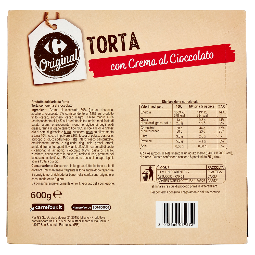 Carrefour Original Torta con Crema la Cioccolato 600 g