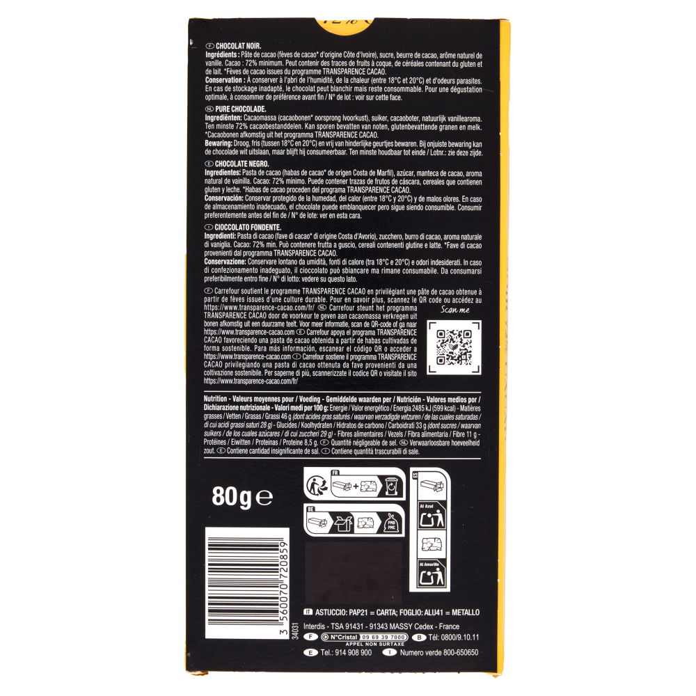 Carrefour Selection 72% Cacao Noir 80 g