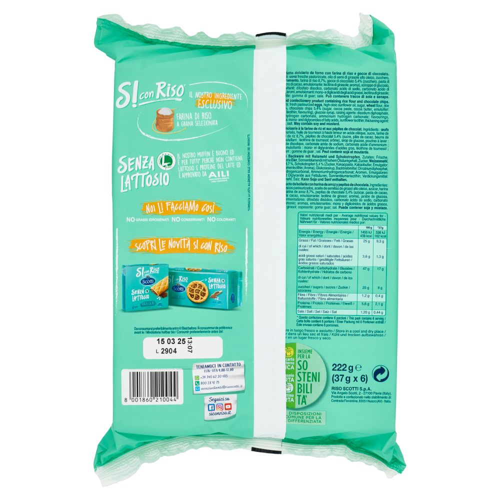 Riso Scotti Si con Riso Senza Lattosio Muffin con Riso e Gocce di Cioccolato 6 x 37 g