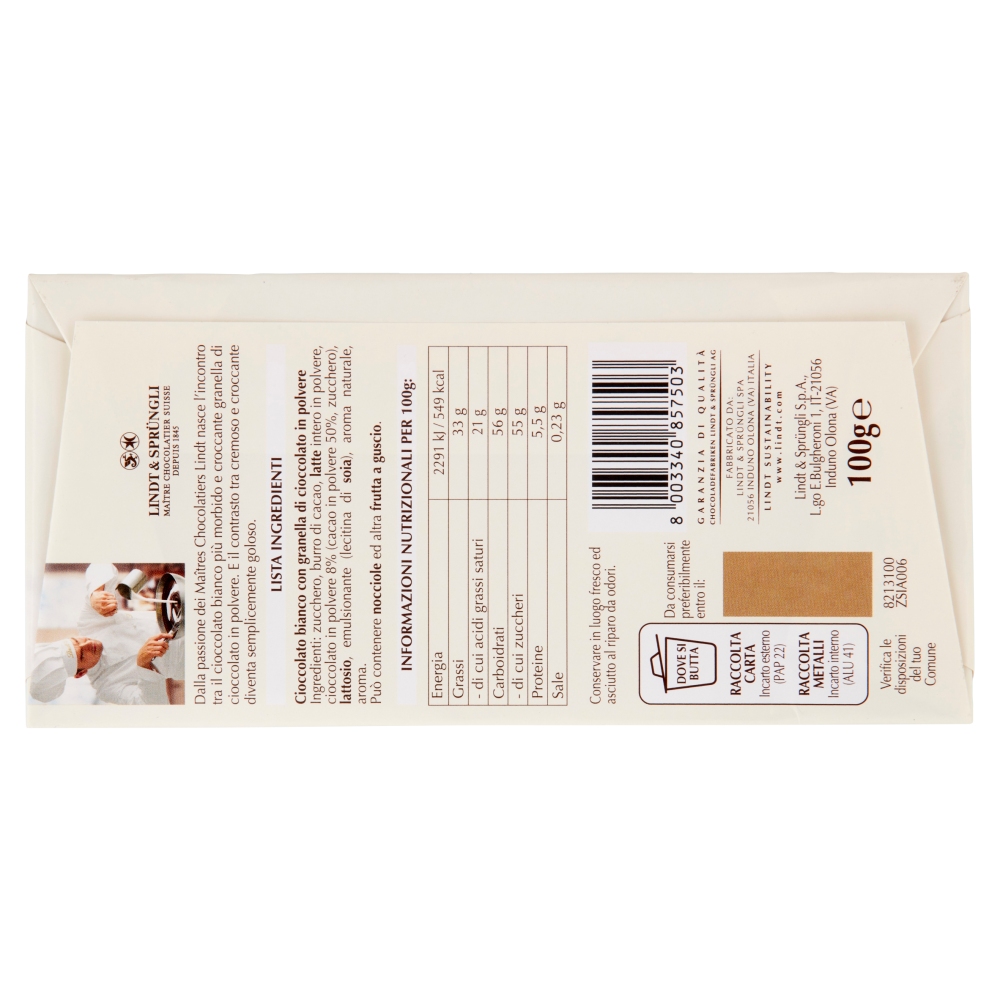 Lindt Gamme Bleue Tavoletta stracciatella Cioccolato bianco con cioccolato fondente 100 g