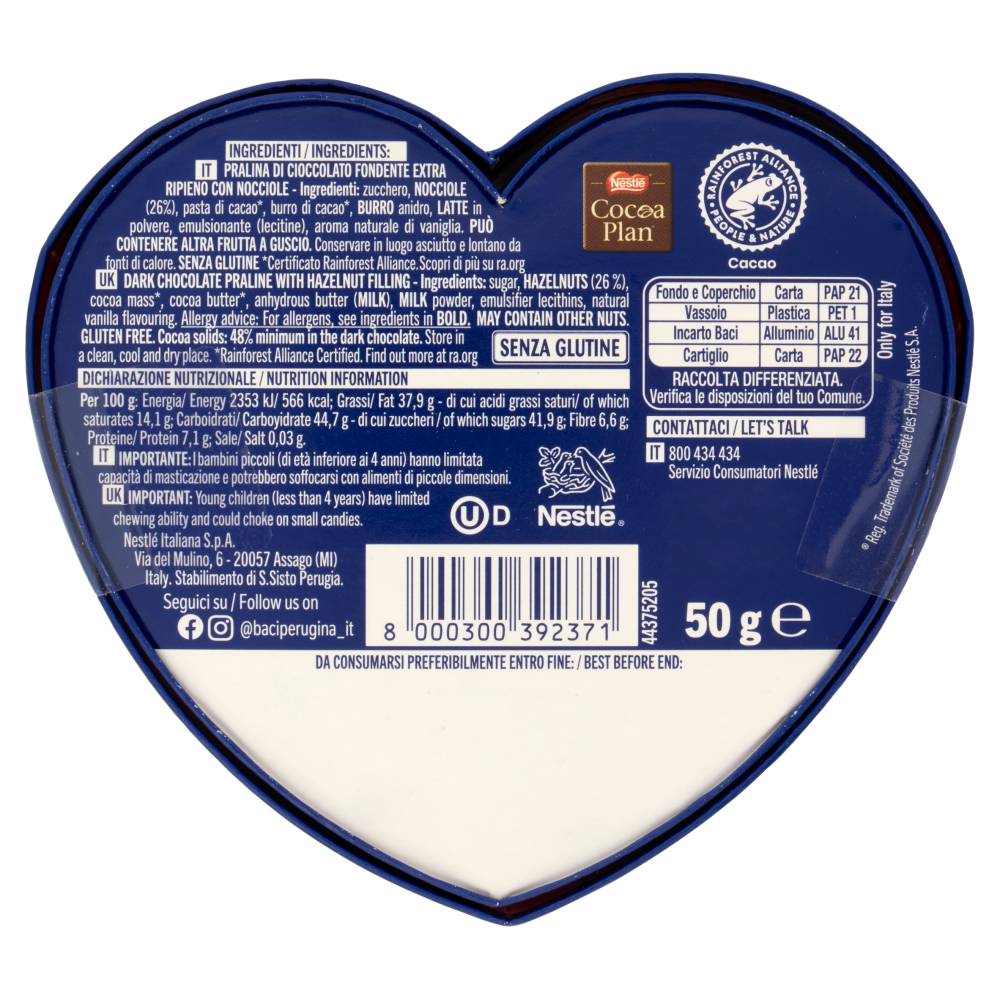 BACI PERUGINA Classico Cioccolatini Fondenti ripieni al Gianduia Scatola Cuoricino San Valentino 50g