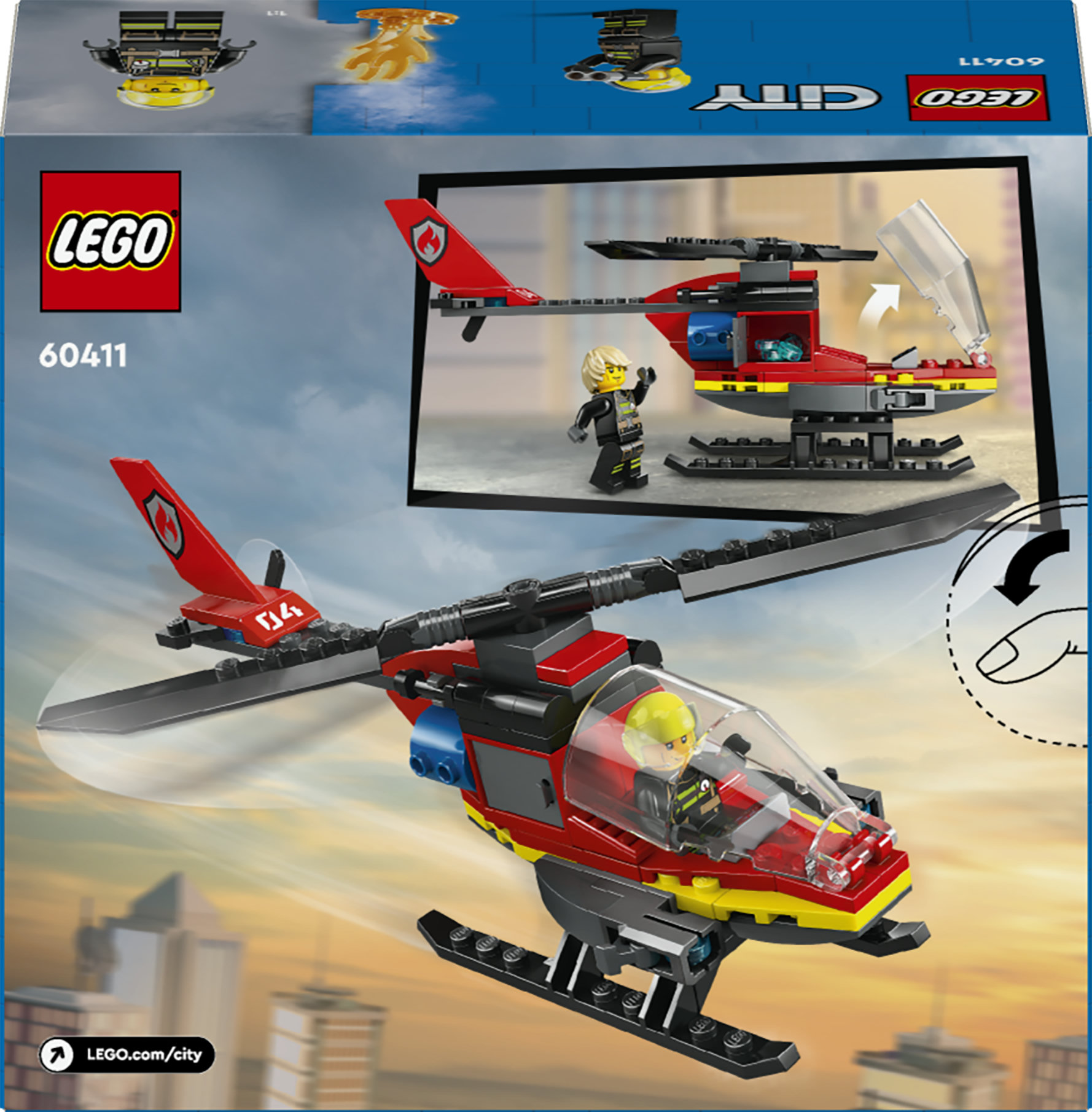 LEGO City 60411 Elicottero dei Pompieri, Veicolo Giocattolo con 2 Elementi Lancia-Acqua e Minifigure, Giochi per Bambini 5+